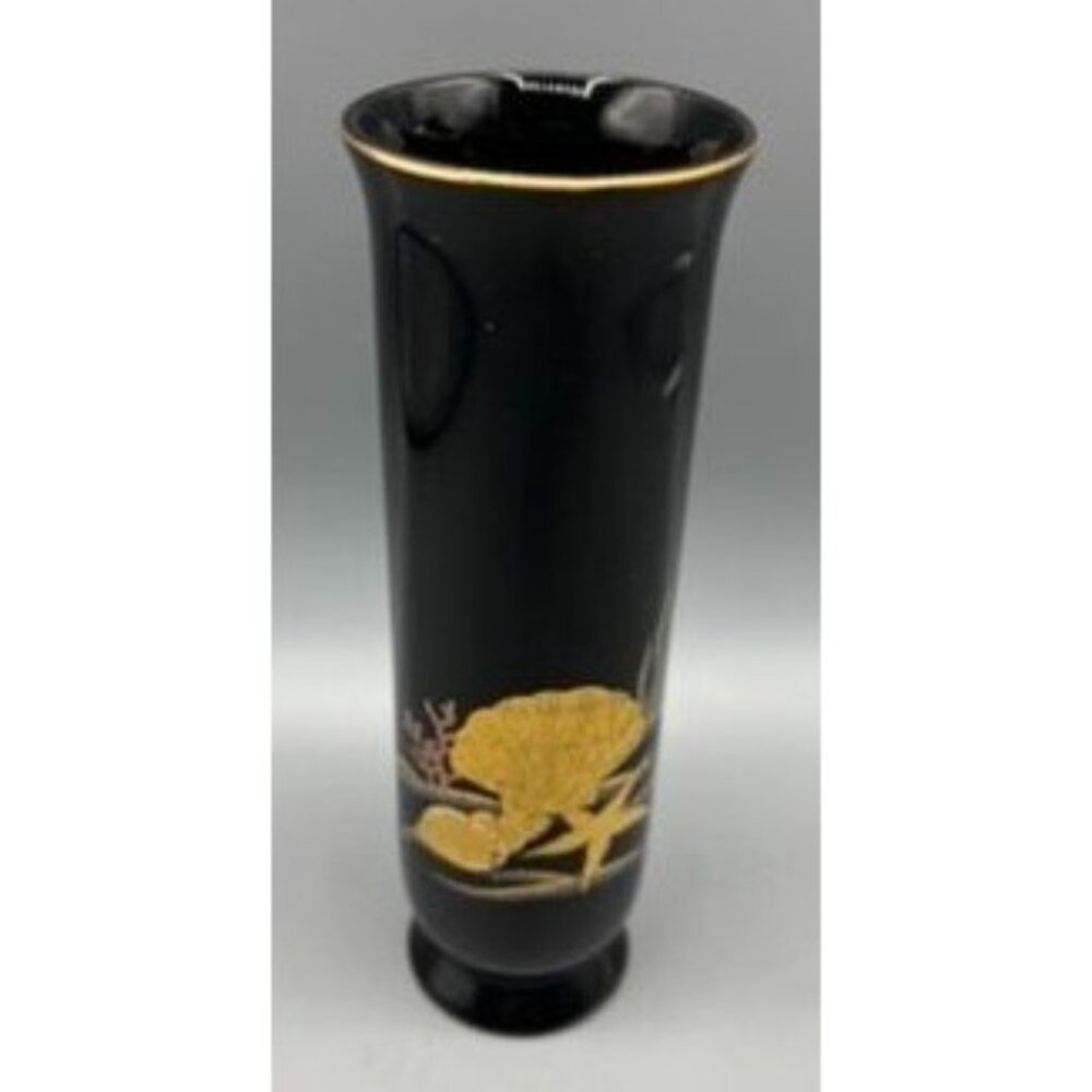 Vintage Otagiri Vase Japan Black & Gold Ceramic Starfish‎ Shells